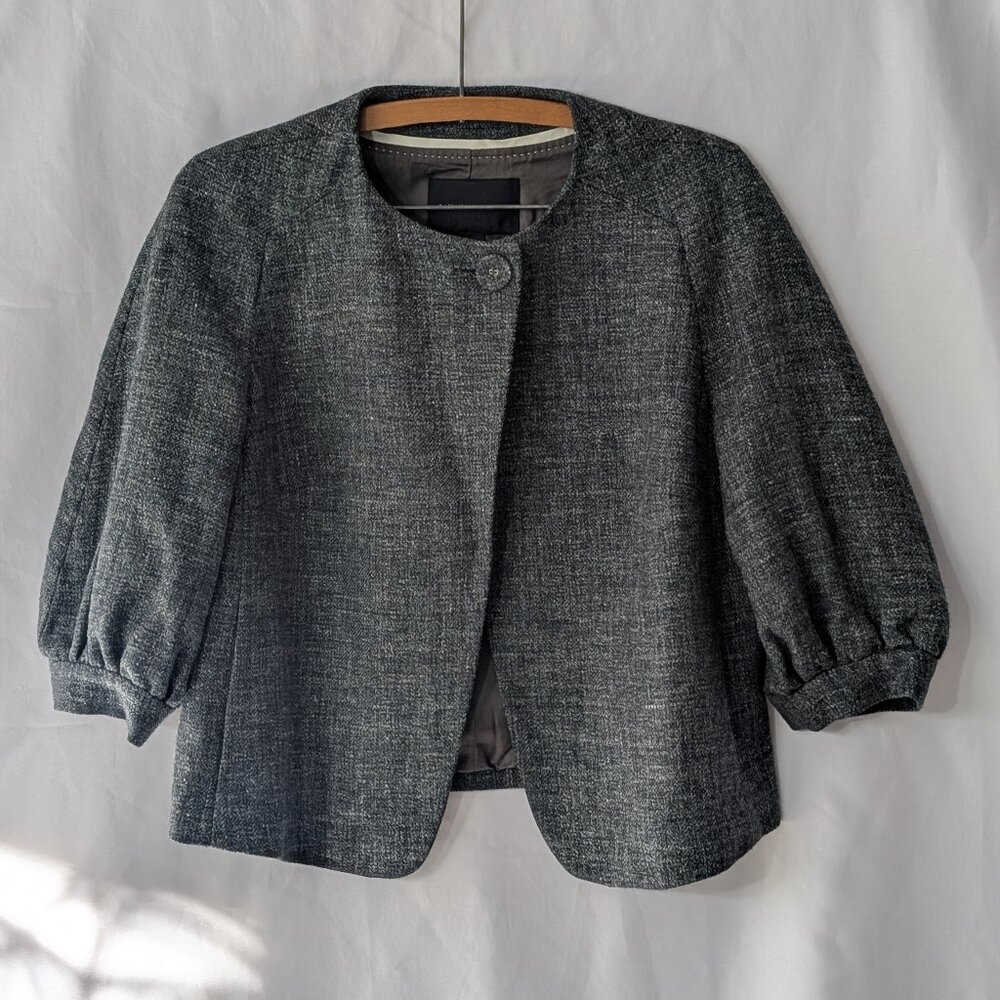 Banana Republic Cropped Wool Blazer, Green Gray, Puff Sleeve, Sz 10